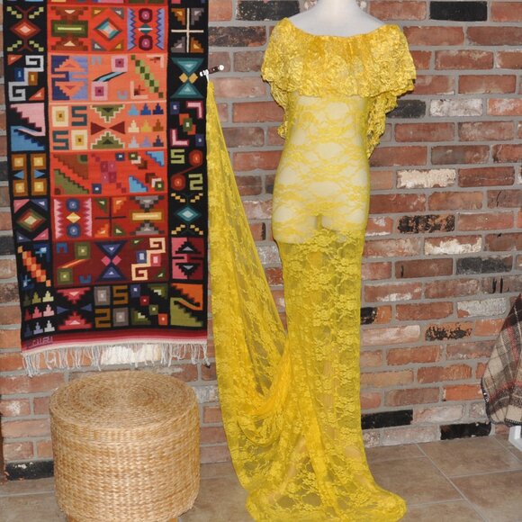 Sheer Lace Stretch Ruffle Open Back Bodycon Dress Clubwear Long Train Gown Party - Picture 1 of 12